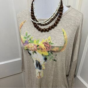 Rod's Western Wear Soft 3/4 Sleeve Tee Cow Skull Women's Large